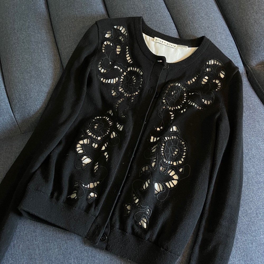 Alice + Olivia wool cardigan black lace sweater with white lining